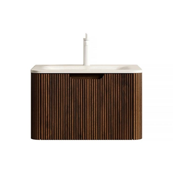 Meuble Vasque Intégrée Mural 60cm-Plan Travertin Rome Tiroir Pré-assemblé-Beige Finition Grain de Noyer Salle de Bain