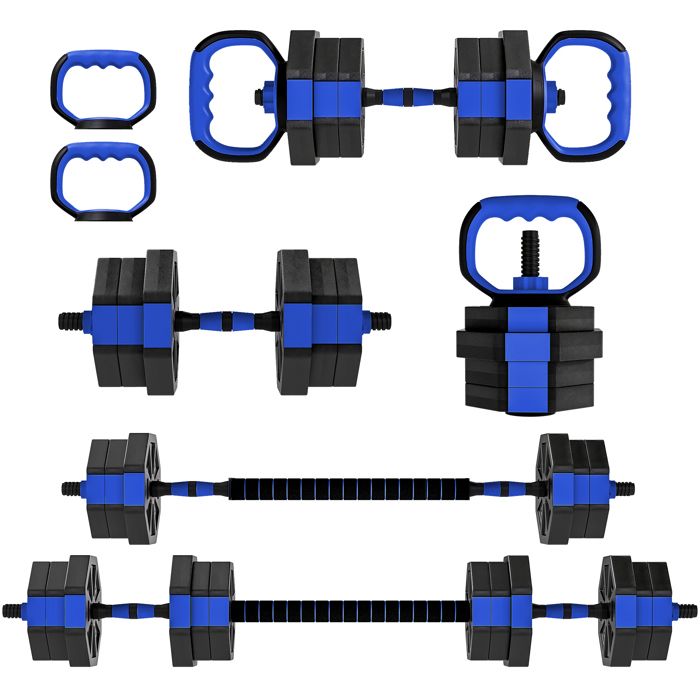 Ensemble dhaltères musculation - SPORTNOW - 6-en-1 - 20 kg - haltère kettlebell barre de musculation support pour pompes - bleu