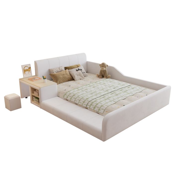 Lit Ado/enfant Capitonné 140x200 cm - avec Bureau Tabouret et Étagère Rangement Intégré Sans Matelas Velours Blanc