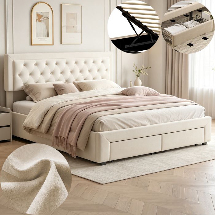 Lit coffre 160x200 cm avec sommier à lattes et 2 tiroirs lit 160x200 lit 2 places avec coffre de lit tissu en velours beige