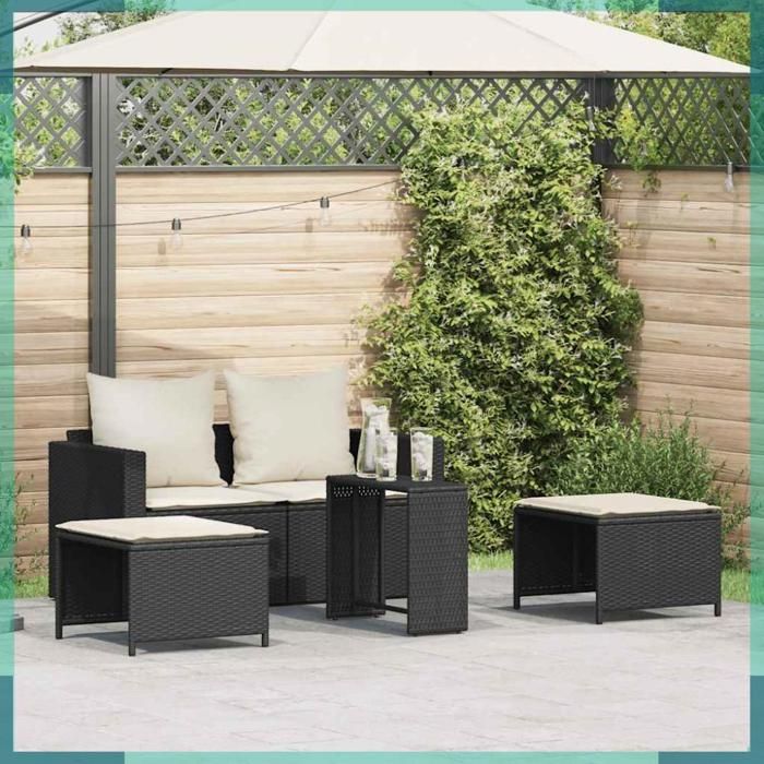 4104163 Salon de jardin 5 pcs avec coussins empilable noir polyrotin