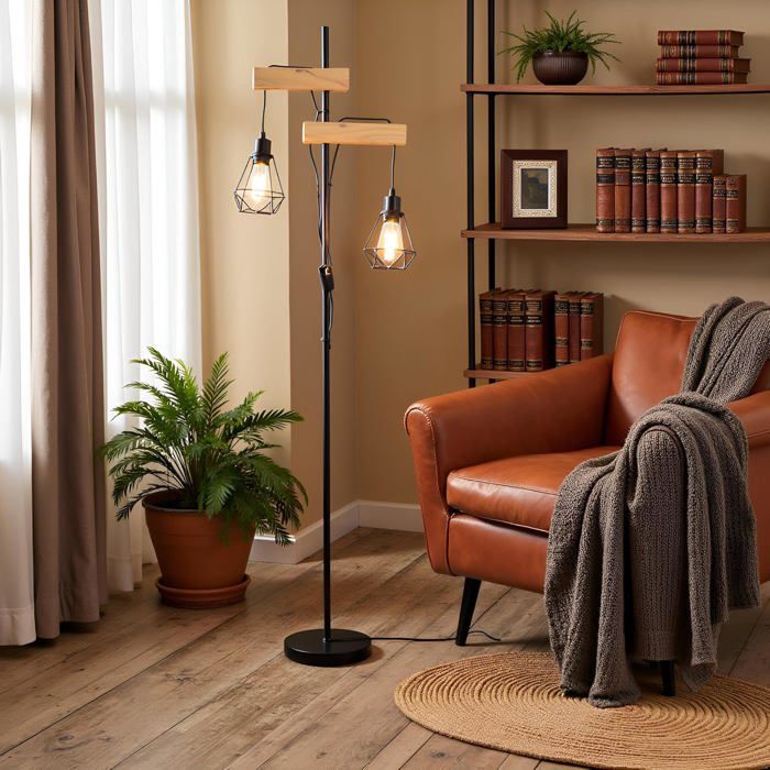 Lampadaire industriel vintage avec 2 lampes géométriques - Pied en bois naturel et métal noir - Éclairage indépendant pour salon