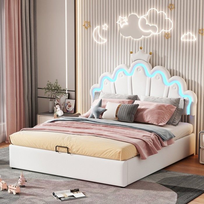 Lit Double Blanc 140x200cm-Éclairage Capitonné Moulures-Réglable Confort-Stable Design-sans Matelas