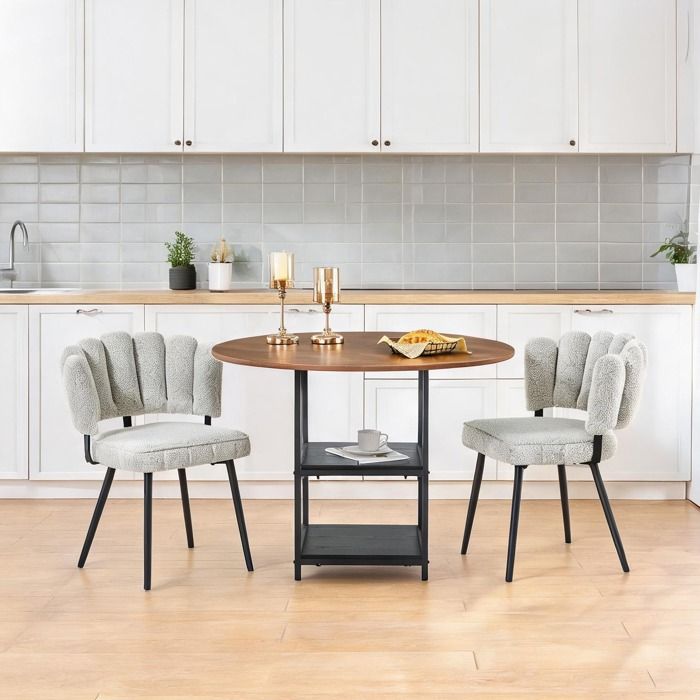 Ensemble table ronde noyer 107 cm et 2 chaises beige bouclé - double rangement - Idéal petit espace