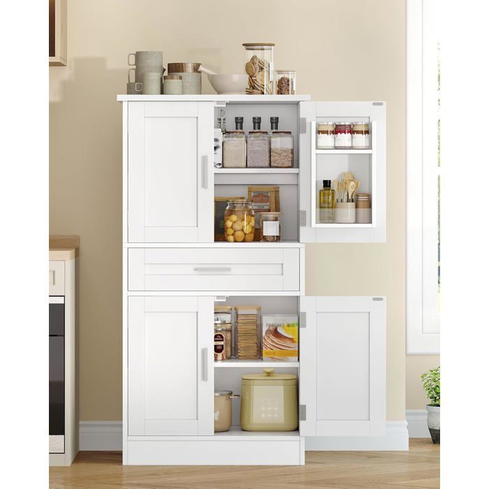 Meuble Cuisine Buffe Haute avec Porte-étagère 4 NiveauxMeuble de Rangement avec 4 Portes et 1 Grand Tiroir40 x 60 x 120 cmBlanc