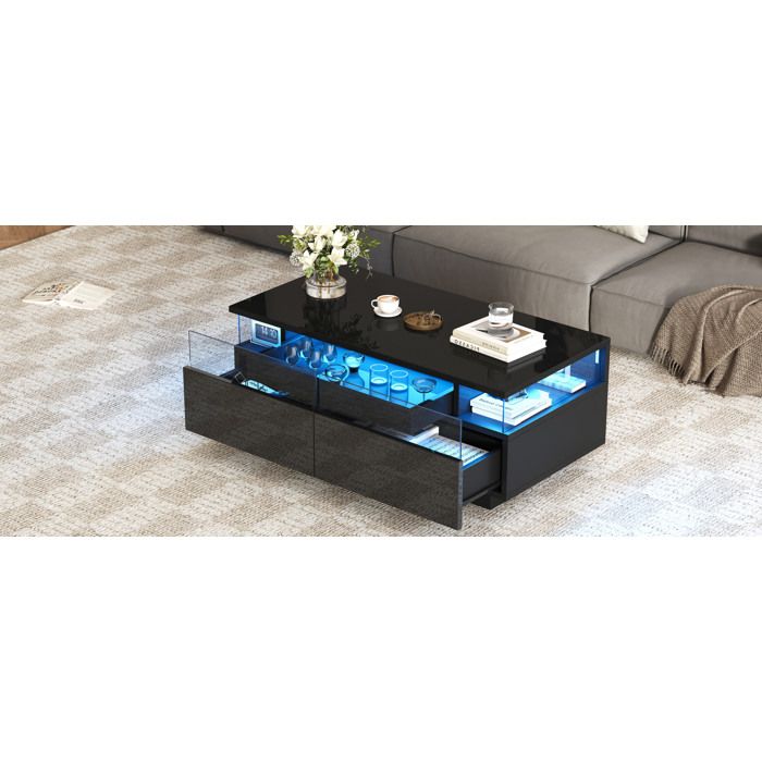 Modenuit Table basse 90 x 45 x 355 cm avec 2 tiroirs plateau amovible LED verre trempé noir brillant