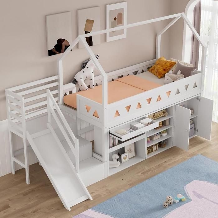Lit enfant - KOMHTOM - Lit enfant 90 x 200 cm - Toboggan et escalier - Tiroirs et rangement - Bois massif blanc Lit enfant - KOMHTOM - Lit enfant 90 x 200 cm - Toboggan et escalier - Tiroirs et rangement - Bois massif blanc