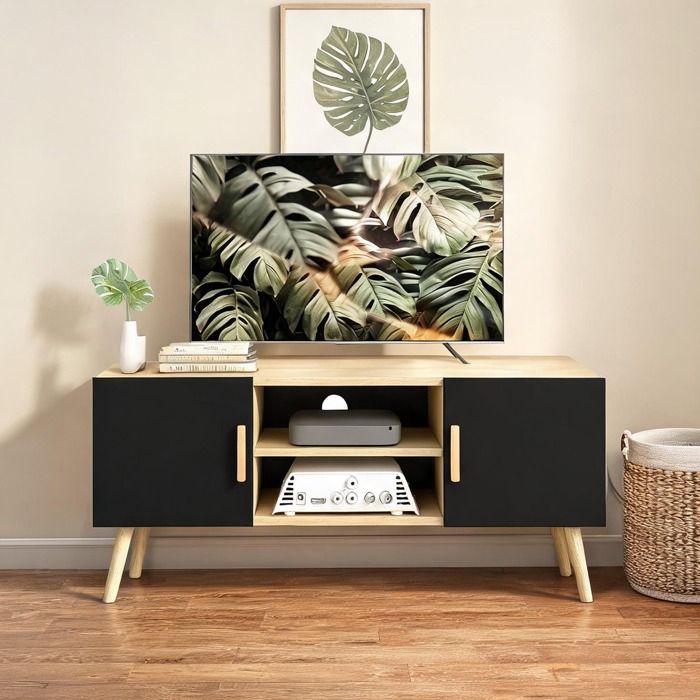 Meuble TV 110 cm panneau de particules et MDF chêne et noir 2 portes 2 étagères passe-câbles