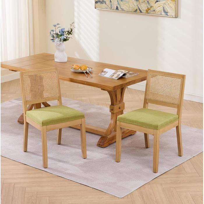 ULEVR Lot de 2 chaises de salle à manger en bois massif dossier cannage assise en lin vert olive