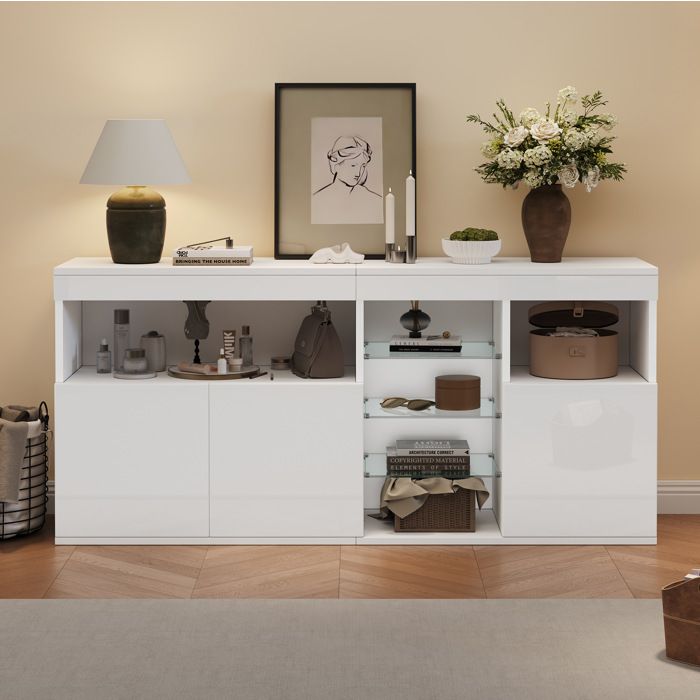 ELVORIN Buffet bas blanc brillant LED 1555 x 35 x 72 cm 3 portes
