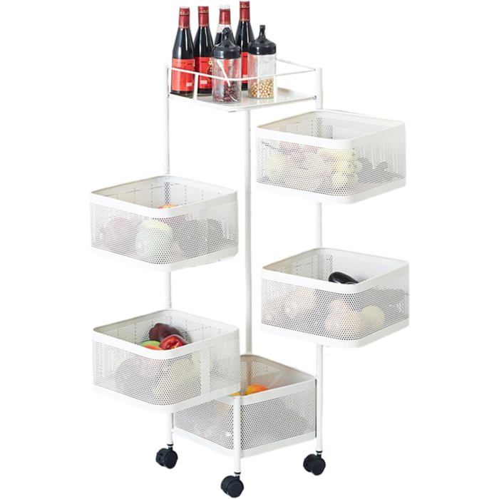 Étagère de cuisine rotative à 5 niveaux en acier au carbone avec roulettes rotation à 360° pour fruits et légumes pour cuisine