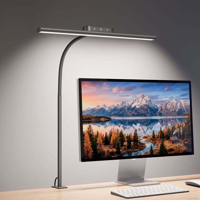 Lampe de Bureau Pince 11W 5 Modes Couleur 5 Luminosité Gris Lampe bureau flexible avec adaptateur tactile large plage déclairage
