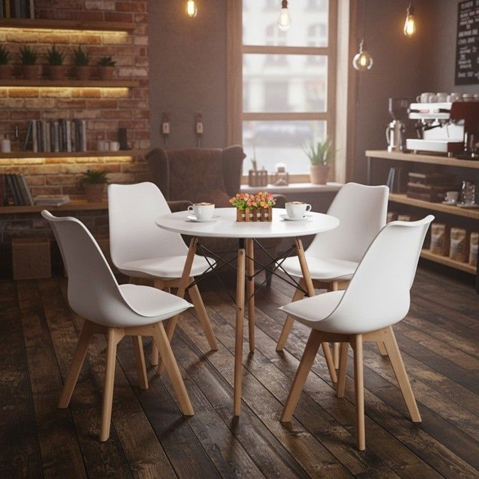 Dora Lot de 4 chaises de salle à manger - Simili Blanc-Tulip Chaise Style moderne nordique-Pieds en bois de Hêtre massif L55 x P 48