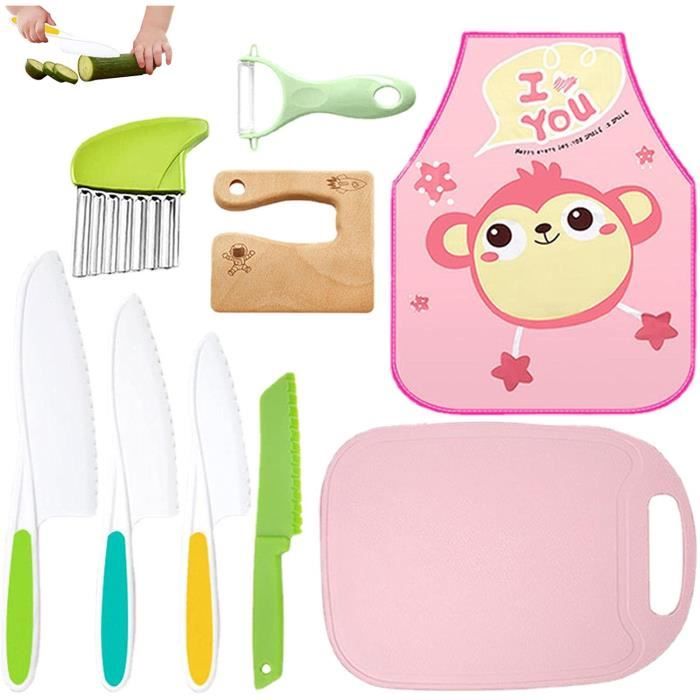 Kit Couteaux Sécurité Enfants 9 Pièces Montessori - Dès 2 Ans : Couteaux, Ciseaux, Éplucheur, Planche, Tablier - Apprentissage Cuisine Sans Danger