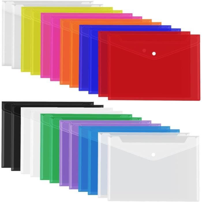 Lot De 24 Pochettes Porte-Document A4, 12 Couleurs Plastique Pochette Avec Bouton Pression 