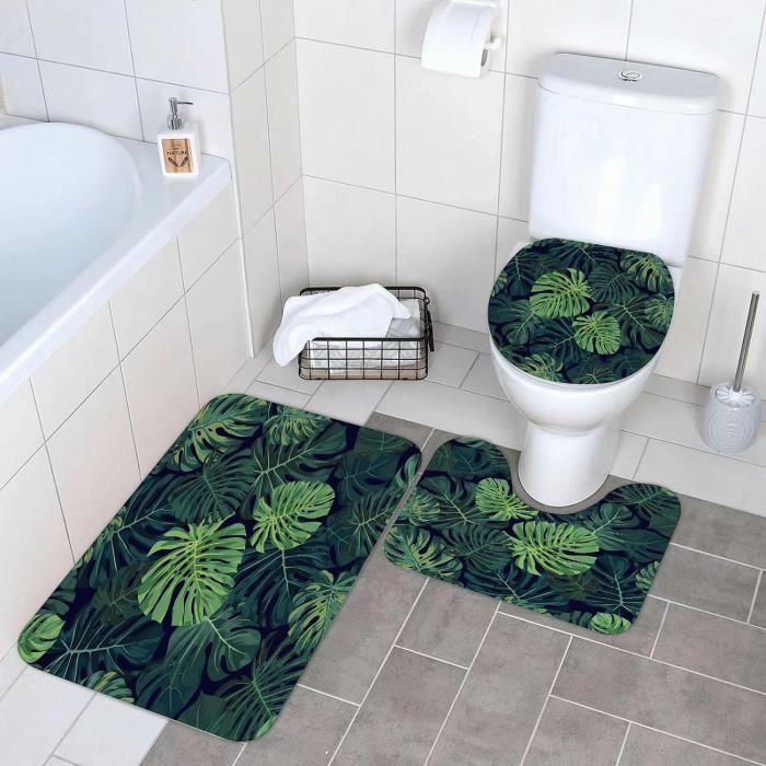 Ensemble Tapis De Salle De Bain 3 Pièces Antidérapant - Motif Lignes Noires, Contour WC Et Coussin Siège - 8