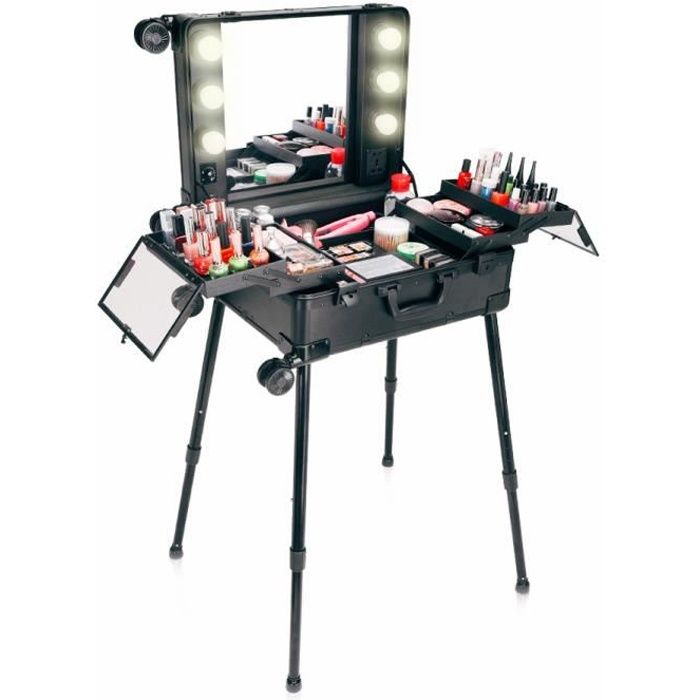 Mallette Maquillage Trolley Beauty Case Voyage Valise Studio Table De Maquillage Pliable Artiste Cosmetique Avec 6 Ampoules 4 Roue