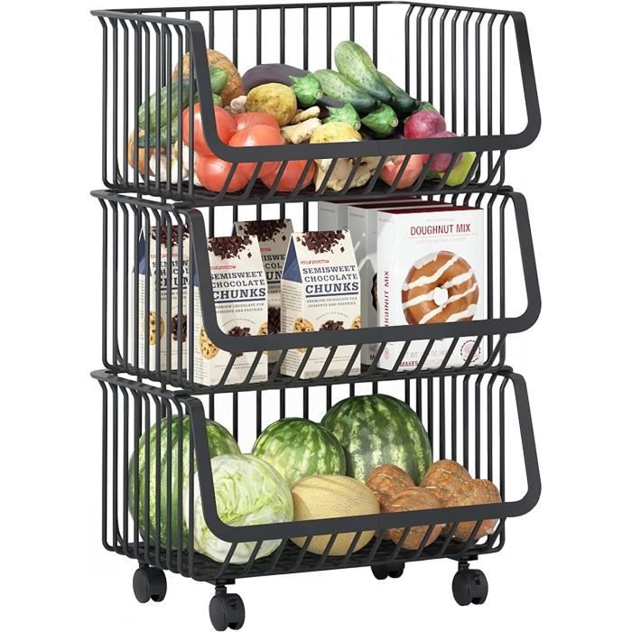 Étagère à légumes empilable à 3 étages avec roulettes verrouillables