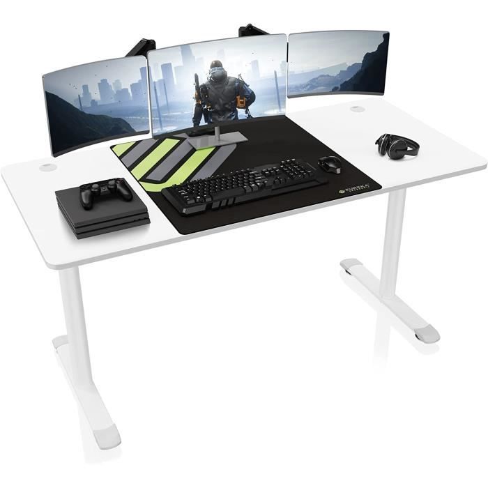 Bureau Gaming Ergonomique 140 Cm Forme T – Fibre De Carbone, Tapis Souris XXL, Porte-Gobelet, Crochet Casque, Gestion Câbles