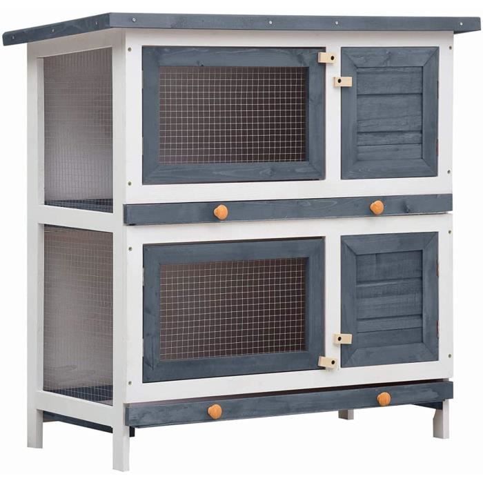 Clapier d'extérieur 4 Portes Gris Bois Clapier Cage à Lapins Clapier d'Extérieur [217]