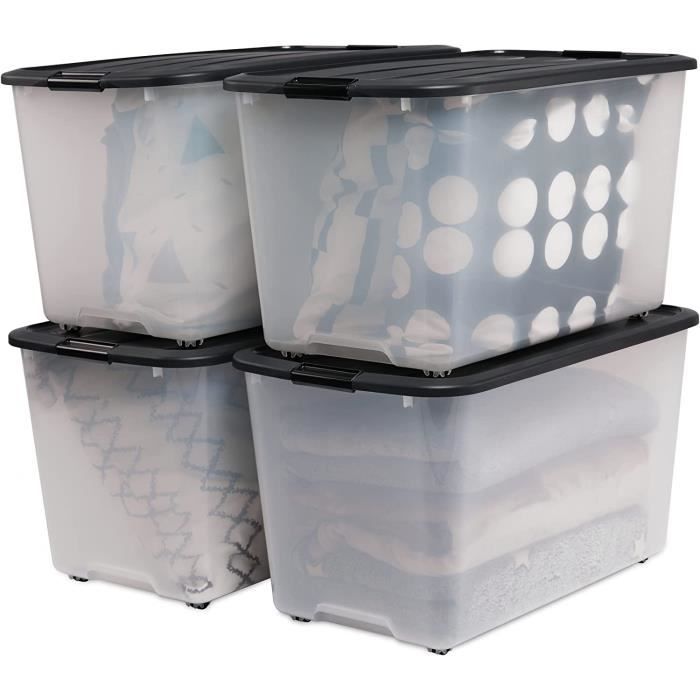 Caisse Rangement avec Couvercle Robuste- 100L- Lot de 3- Noir- Compact- Durable