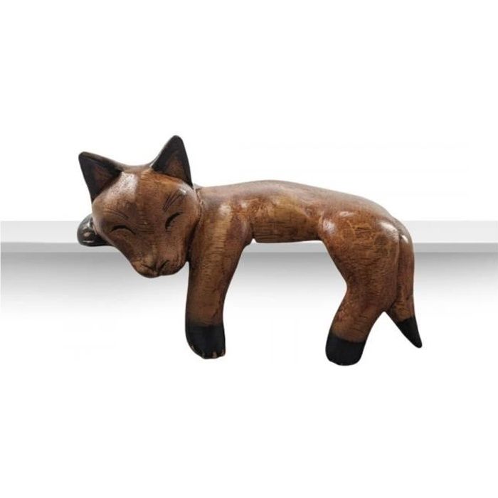 Chat Endormi En Bois 15cm Allonge Sur Un Rebord D Etagere Marron Chocolat Cdiscount Maison