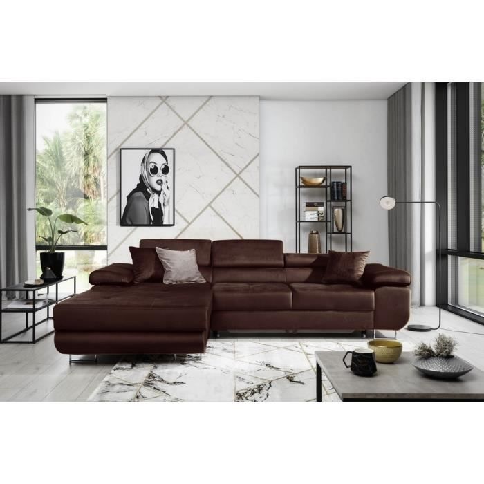 Canapé dangle convertible ARMEL en tissu luxe 5 places couleur chocolat avec coffre angle gauche (vu de face)