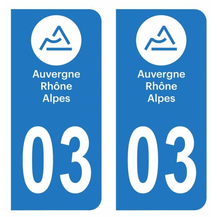 Lot 2 Autocollants Stickers plaque immatriculation voiture auto département 03 Allier Logo Région Auvergne-Rhône-Alpes