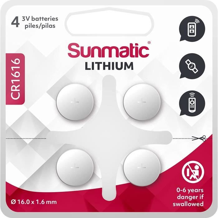 Piles CR1616 - Lot de 4 Piles Sunmatic Batteries CR 1616 Lithium 3v - Longue durée Haute Performance Montres thermomètres