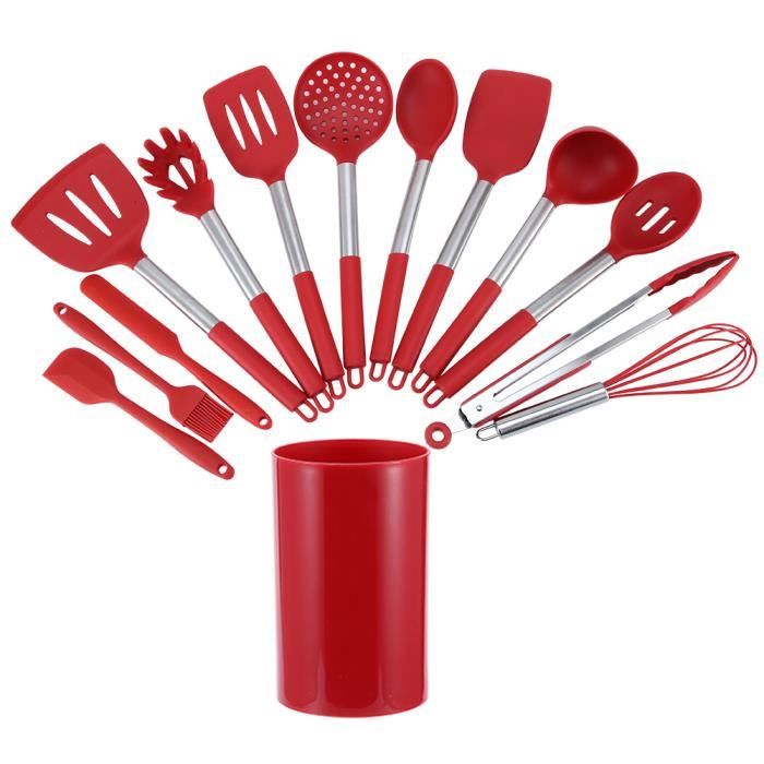 14Pcs Kit d'Ustensiles de Cuisine en Silicone Rouge Ustensiles