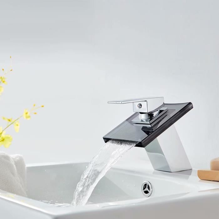 Mitigeur de lavabo cascade évier salle de bain faucet laiton chromé design verre
