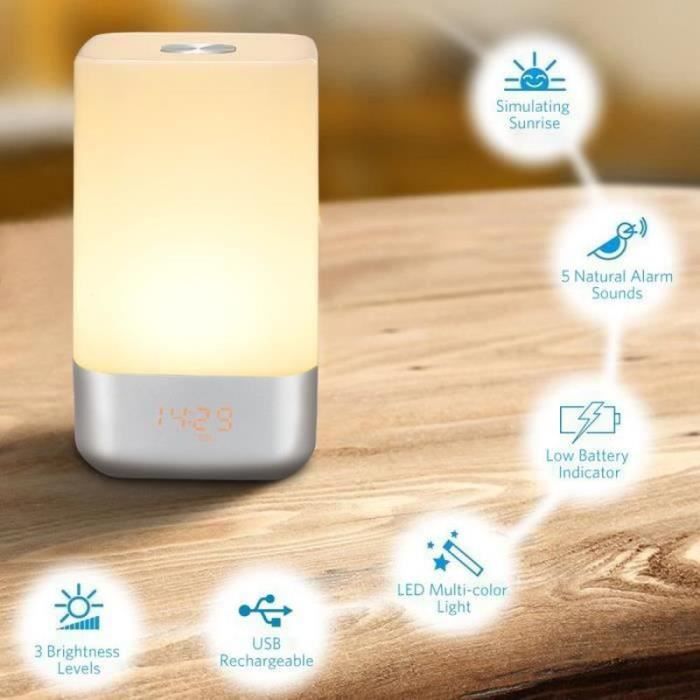 Réveil Simulateur D'Aube LED - Lampe De Chevet Avec 30 Sons, Luminosité Réglable, Minuterie De Sommeil, Design En Bois - 14