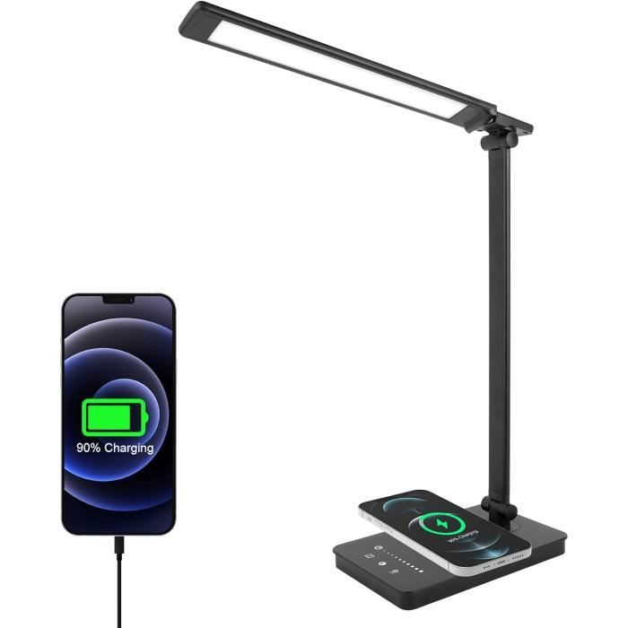 Sin (Noir)Lampe de Bureau LED avec Chargeur Sans Fil et USB,Lampe de Bureau  Réglable Flexible Contrôle Tactile,Affichage LCD Avec Fonctions heure