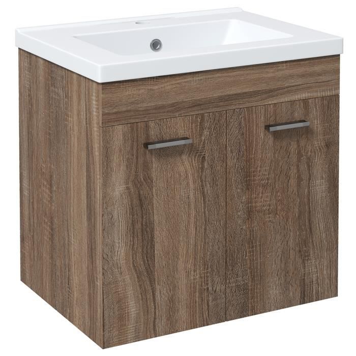 meuble sous-vasque suspendu - vasque céramique incluse - 2 portes, étagère - dim. 60l x 45l x 60h cm - aspect bois