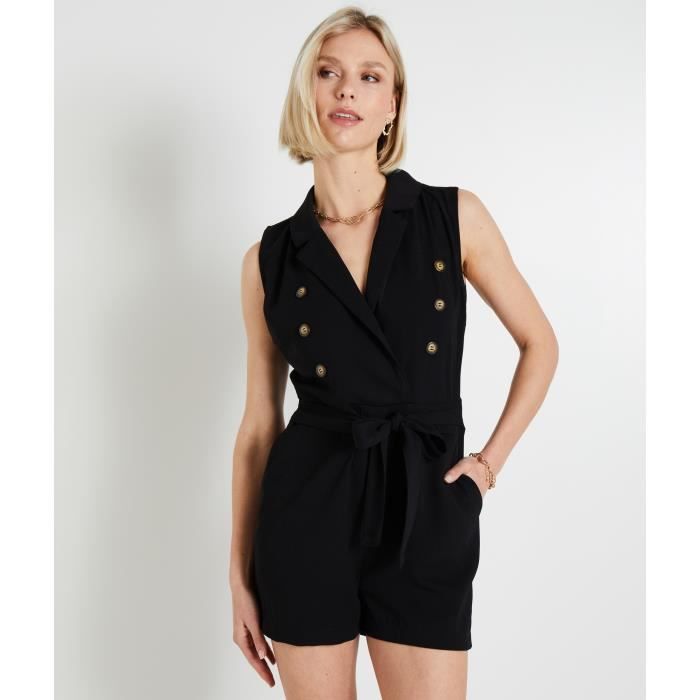 Combishort femme Grain de Malice Sans manches Col tailleur Faux boutonnage Ceinture a nouer Black Cdiscount Pret a Porter