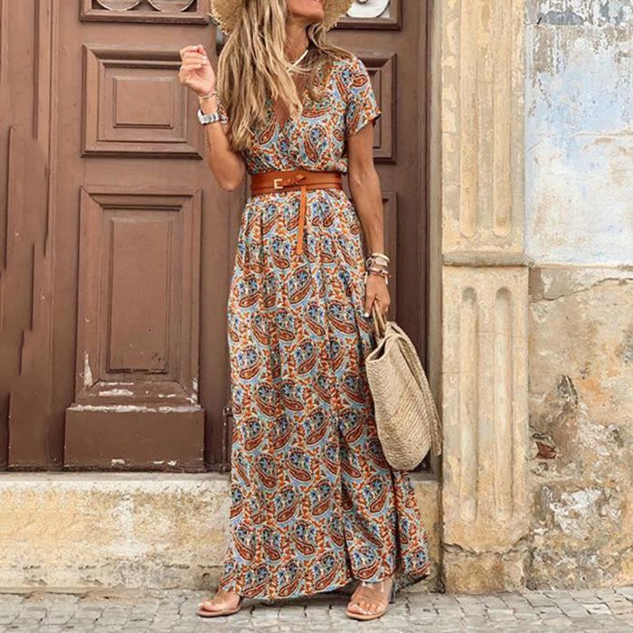 Robe St20121 A Fleurs Boheme Manches Courtes Pour Femmes Couleur De Ceinture Xl Multicolor 25 Multicolor Cdiscount Pret a Porter