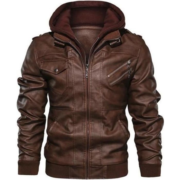 Blouson Hiver Simili Cuir Homme à Capuche Automne-Hiver Casual