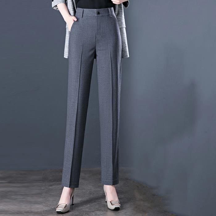 Pantalon Femme Business Coton Coupe Droite Taille Haute Gris