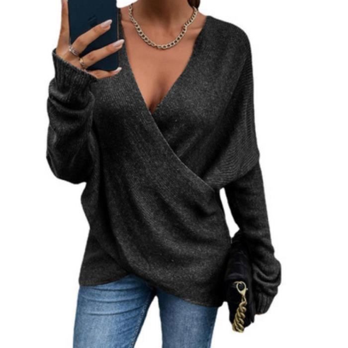 Pull Femme Cache Coeur Pull Sexy Col V Croise Pull Noel Femme Chandail Manches Longues Sweater Tricote Hiver noir S Noir Cdiscount Pret a Porter