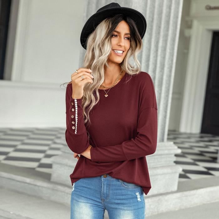 T-shirt Manches Longues Fille 2025 – Col Rond, Coupe Loose, Couleur Unie, Décontracté