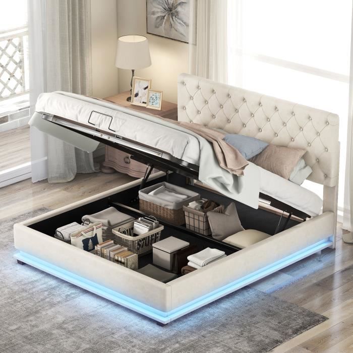 lit double rembourré - 140 x 200 cm - avec led, coffre de lit et couvre-sommier à lattes - beige