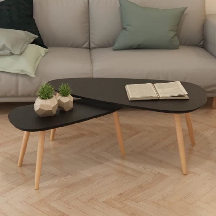 2 Pcs Ensemble De Tables Basses Bois De Pin Massif Noir Table