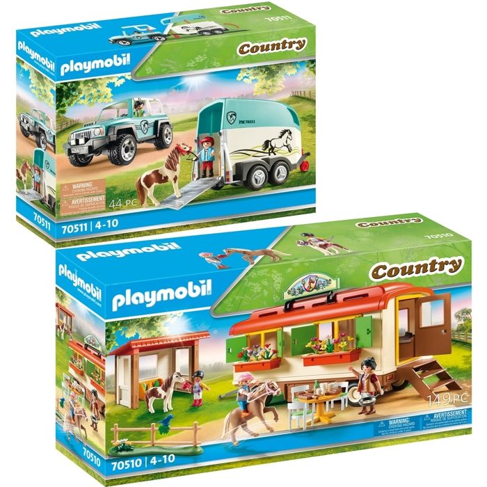 Playmobil - Figurine miniature Country - Box de poneys et roulotte + Voiture et van pour poney 