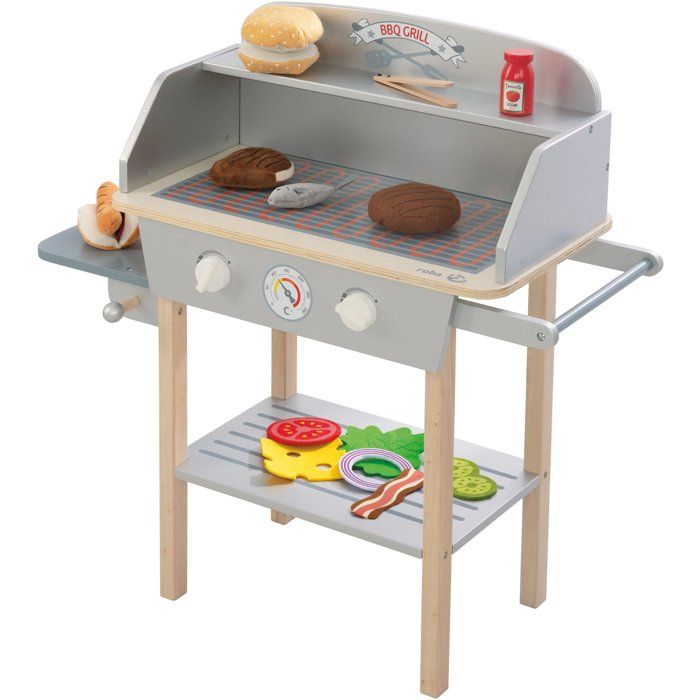 roba Jouet Barbecue en Bois pour Enfant Cuisine Extérieure + 14 Pièces d'Accessoires et Ingrédients Burger en Peluche