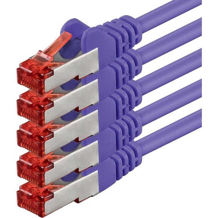 Câble Réseau CAT-7 (5x 0,5m) - 10 Gbit/s, Blindage Double - 5 Couleurs Différentes - Pour PC, Console, Box