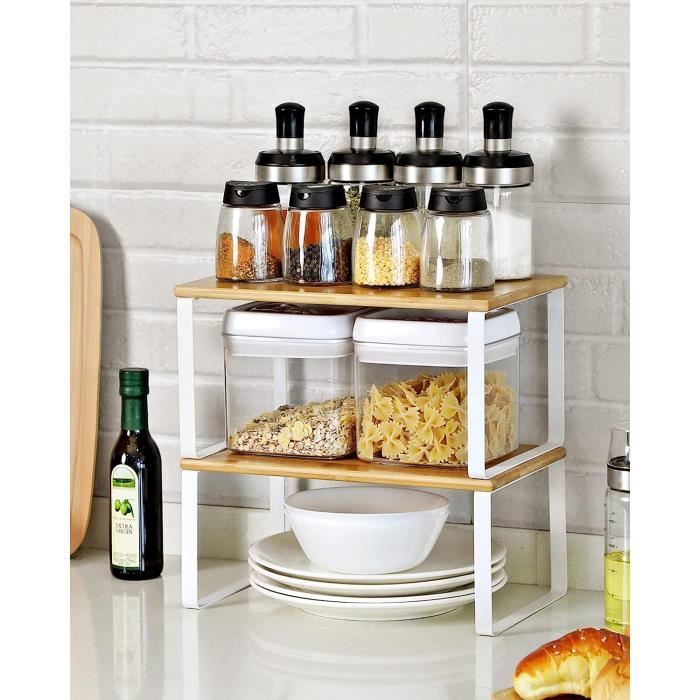 SONGMICS Étagère de Cuisine Lot de 4 Organisateur Porte-épices Rangement de Placard Empilable Blanc et Couleur Boisée