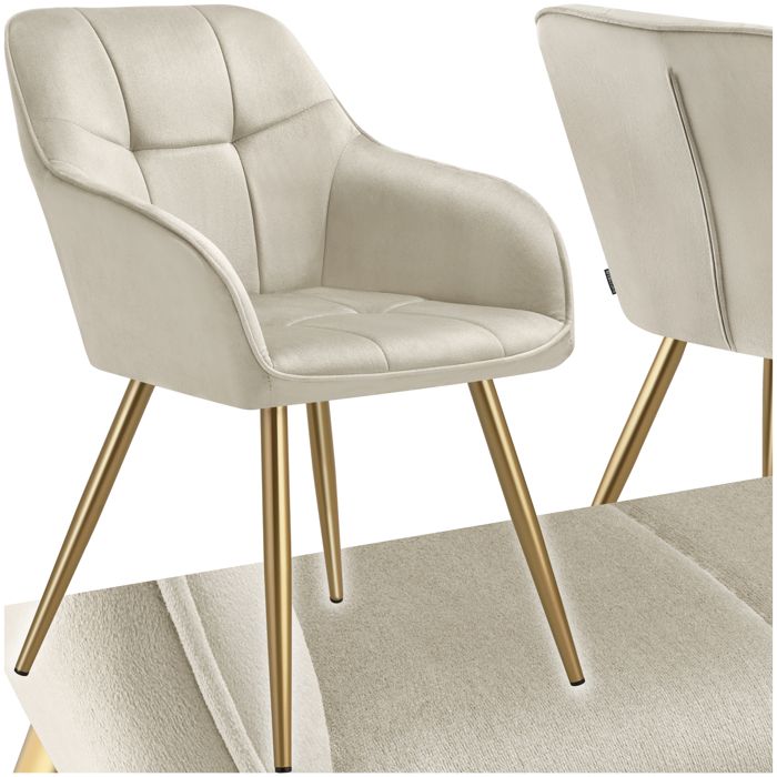 Chaise - TECTAKE - Chaise MARILYN effet velours capitonné rembourrée et pieds acier doré 58 x 62 x 82 cm - Crème/Or