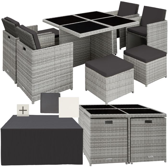Salon de jardin - TECTAKE - Ensemble détente repas dextérieur MANHATTAN 8 personnes pliable et encastrable résistant - Gris Clair