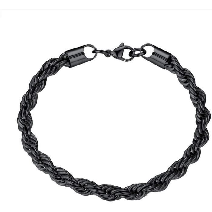Bracelet - Homme Femme Ado - Cuir Tressé Noir - Fermoir en Acier Noir - Achat / Vente bracelet