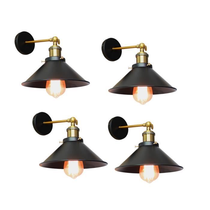 UNI Lot de 4 Rétro Applique Murale Industrielle E27 22cm Plafonnier Luminaire Fer Abat-jour en Métal Noir